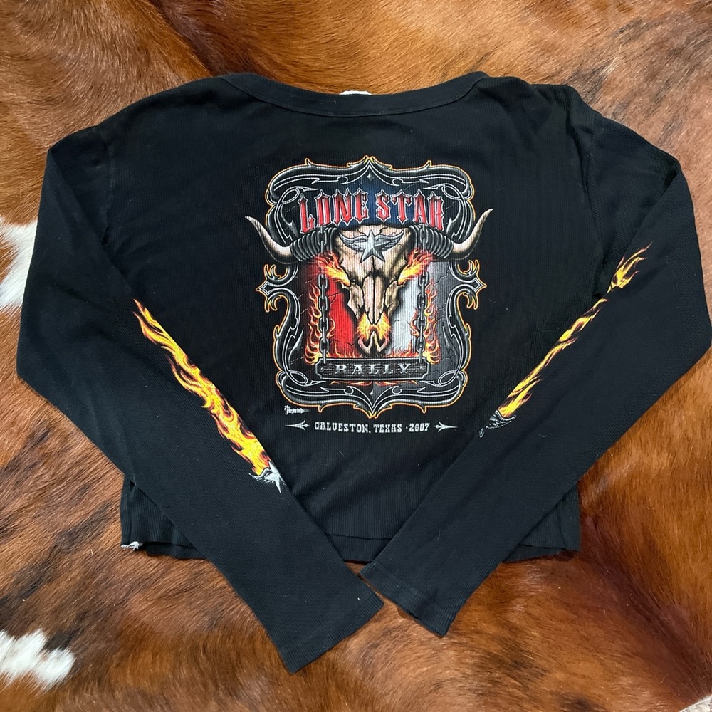 Lone Star Longhorn Texas Moto Crop Flames Black Long Sleeve Shirt
